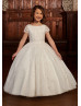 Short Sleeves Ivory Lace Glittrer Tulle Latest Flower Girl Dress